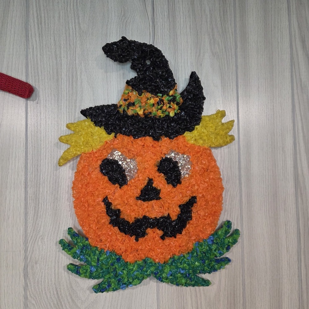 Vintage Halloween Jack O Lantern Melted Popcorn Plastic Wall Hanging Decor